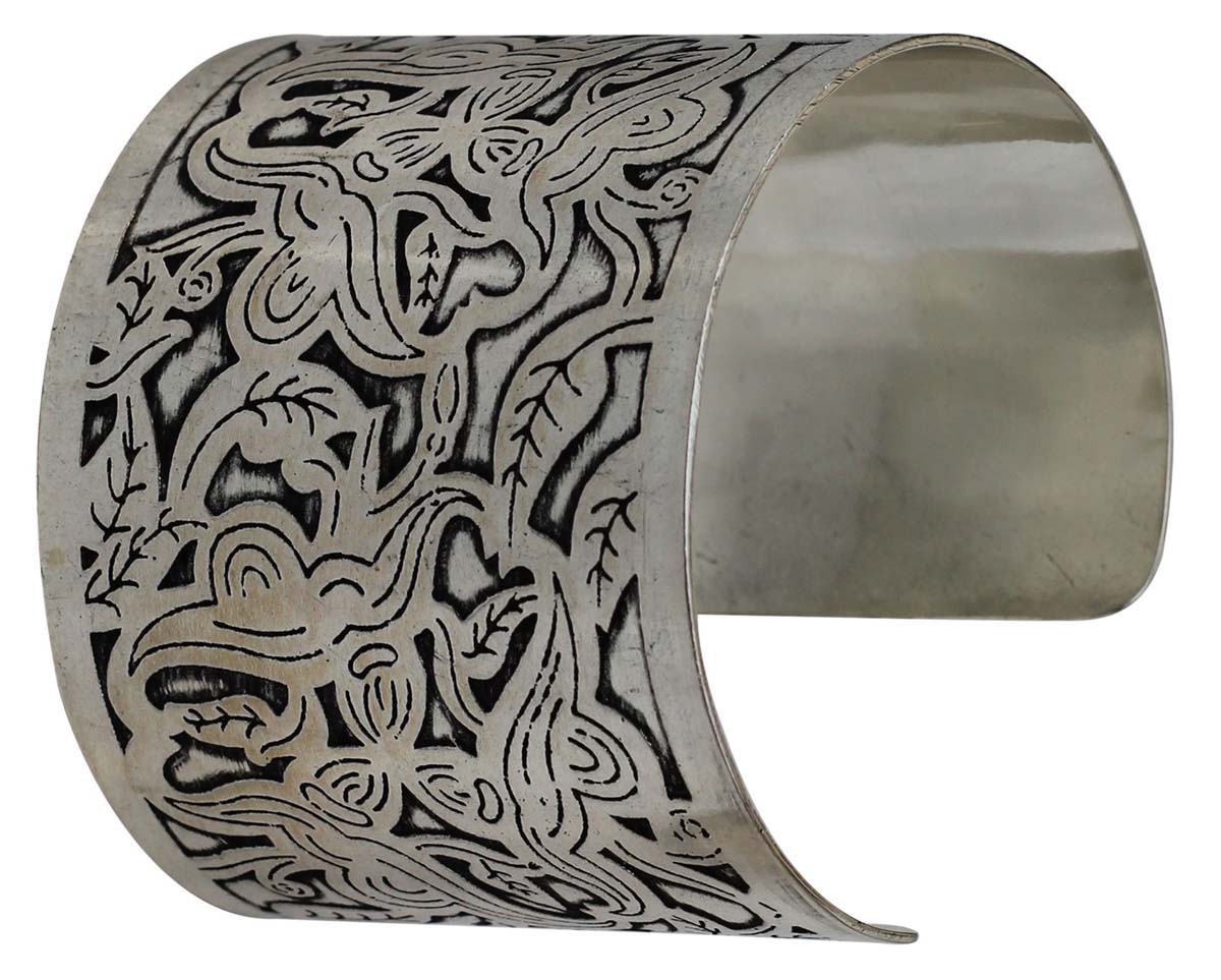 Wholesale Bracelets from India – Antique-Look Cuff Bracelet – Cast in Brass – Nickel Plated & Black Shading – Abstract Pattern – Bracelets in Bulk
